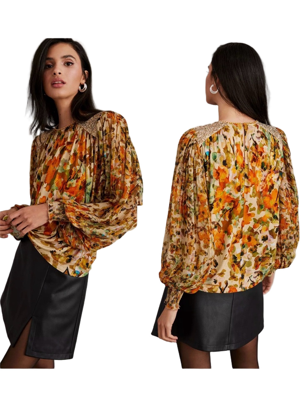 🎼BI-nk Anthropologie Smocked Yoke Floral Pleated sequin - Orange Multicolor M